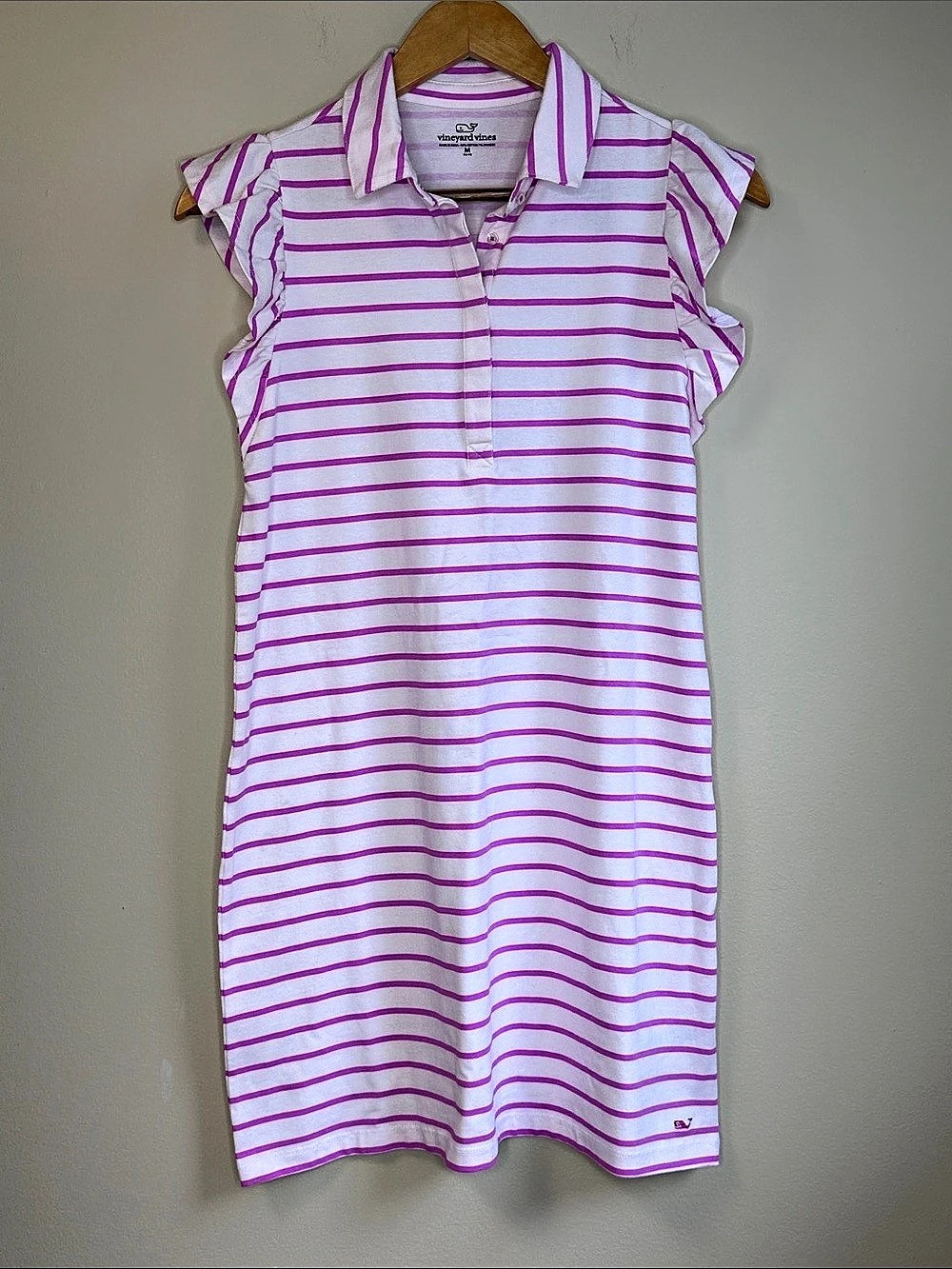 Girls vineyard vines Striped Ruffle Sleeve Mini Dress in Pink & White Size M